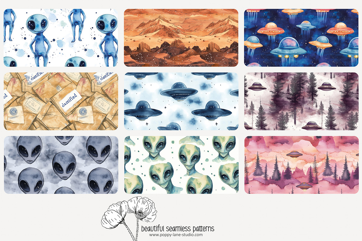 80 watercolour UFO seamless pattern, a Pattern Graphic by Poppy Lane Studio (Photo 9 of 11)