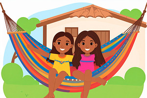 Two girls sitting together on a hammock in the backyard of a hou, a Person Illustration by DanFLCreativo