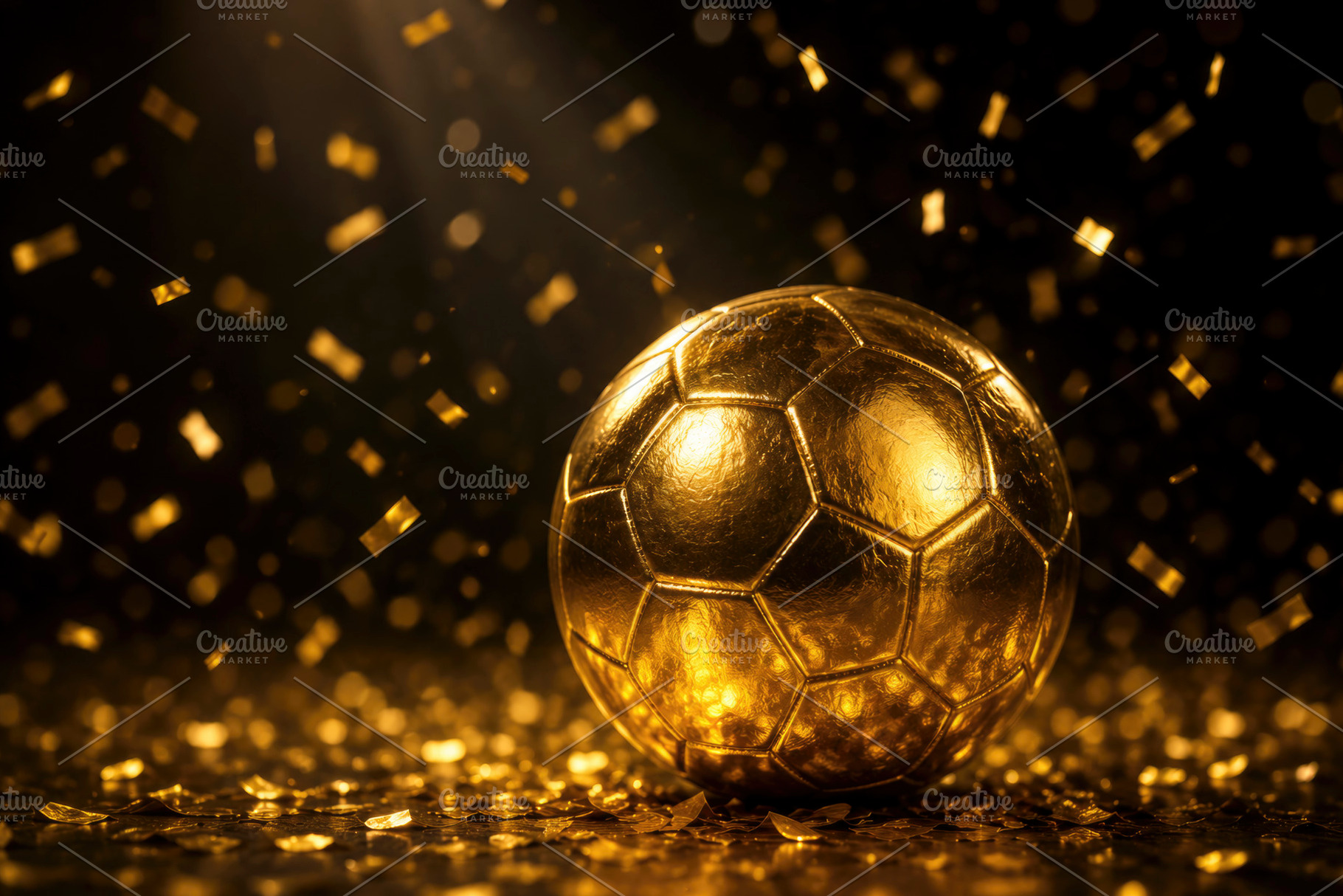 a golden soccer ball with confetti, generative AI, a Photo by Nito