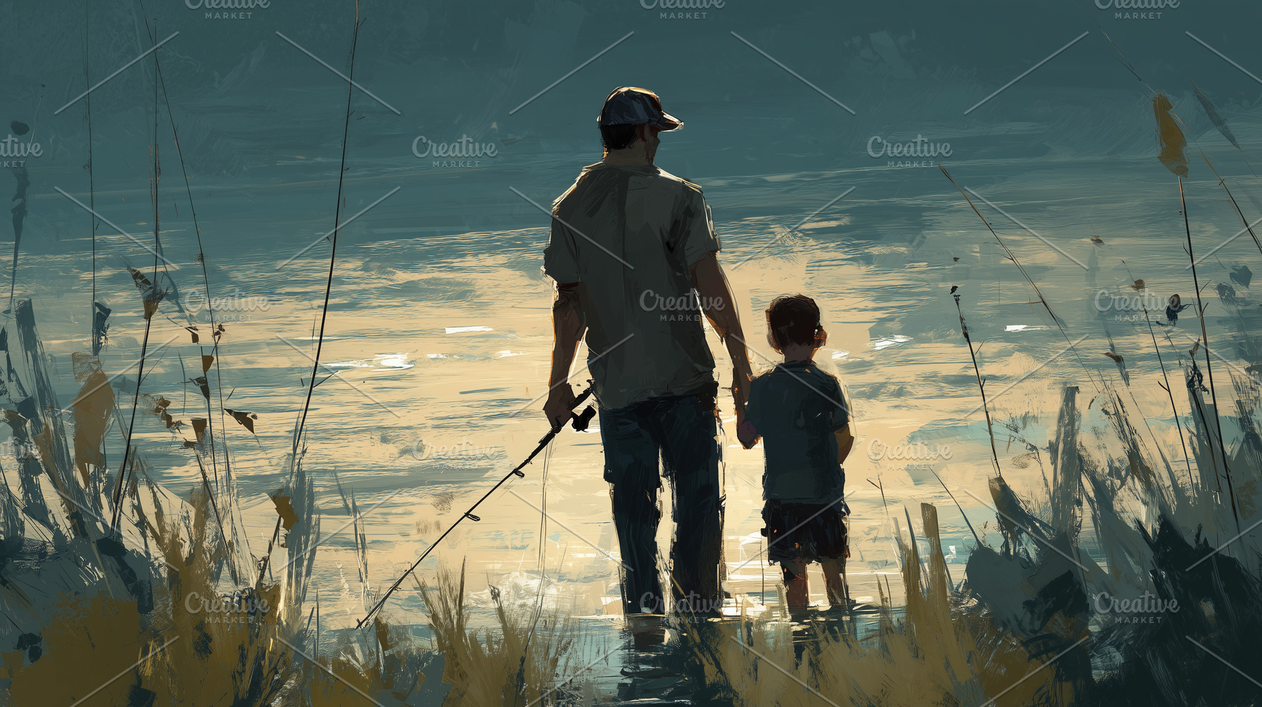Father and son stand at the water’s, a Person Photo by MistyDay