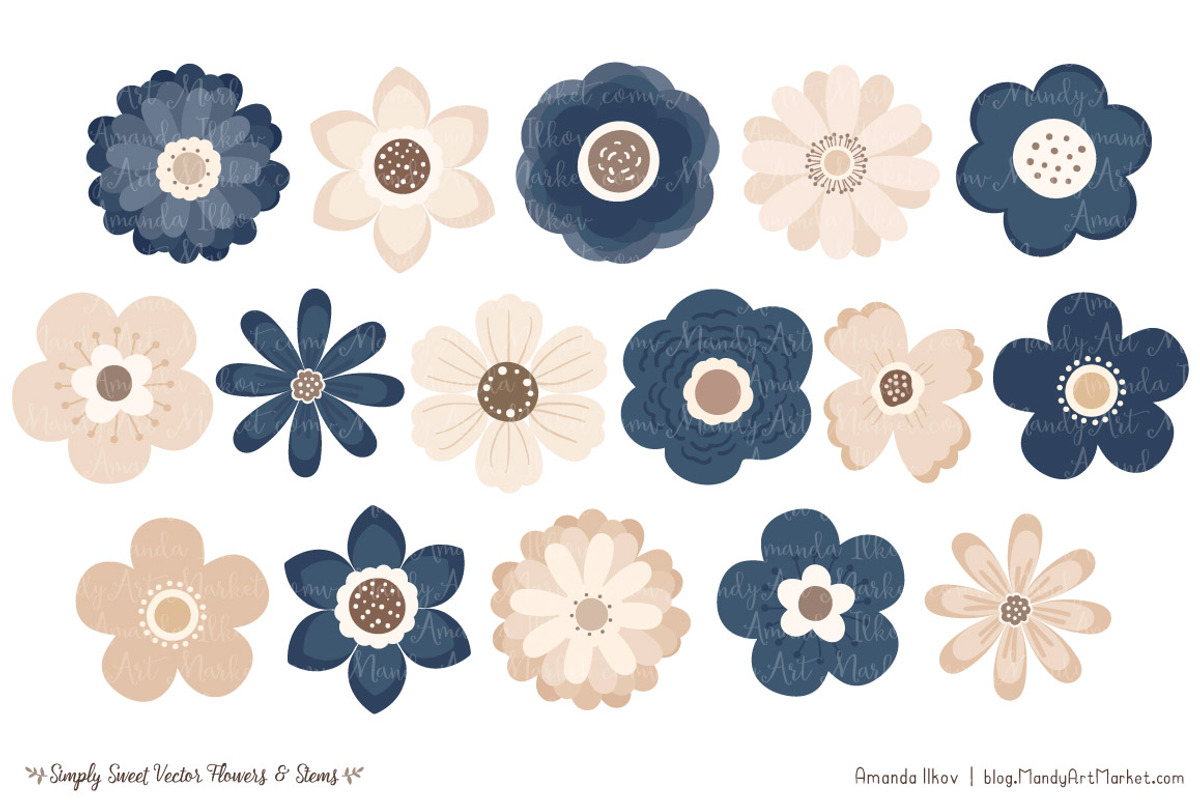Navy Flowers Clipart & Vectors, an Illustration by Amanda Ilkov (Photo 3 of 4)