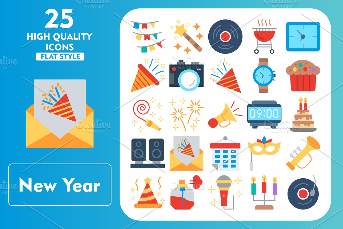 New Year's 25 Flat Icons, an Icon by Pexelpy