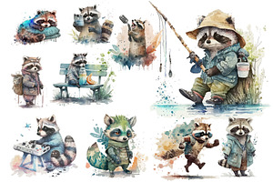 Raccoon, Cute Watercolor Animal Set