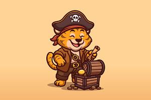 Tiger Pirate Treasure Cute Cartoon C, an Animal Illustration by Gumrega Studio