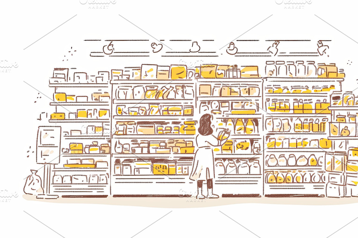 Illustration of a customer browsing items on supermarket shelves, an Illustration by AS photostudio