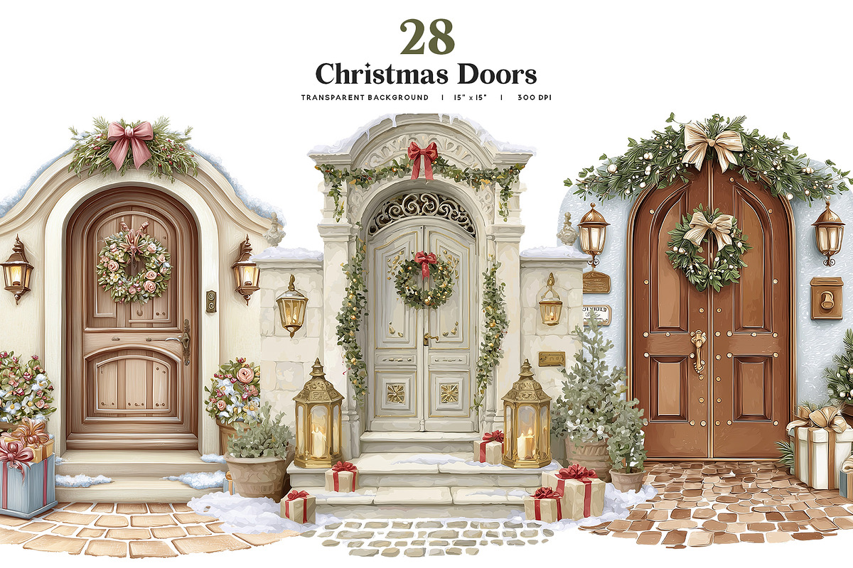 Christmas Door Clipart Bundle, a Seasonal Illustration by Bijou Bay (Photo 1 of 4)