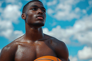 Young athlete poses confidently with, a Photo by Tanuart