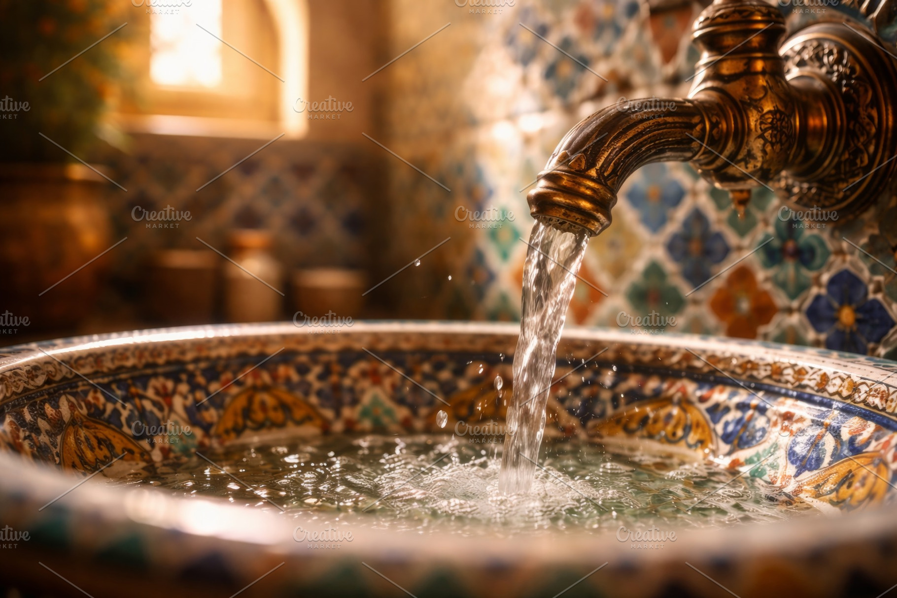 Intricately designed ceramic basin w, a Photo by Dvoevnore photos