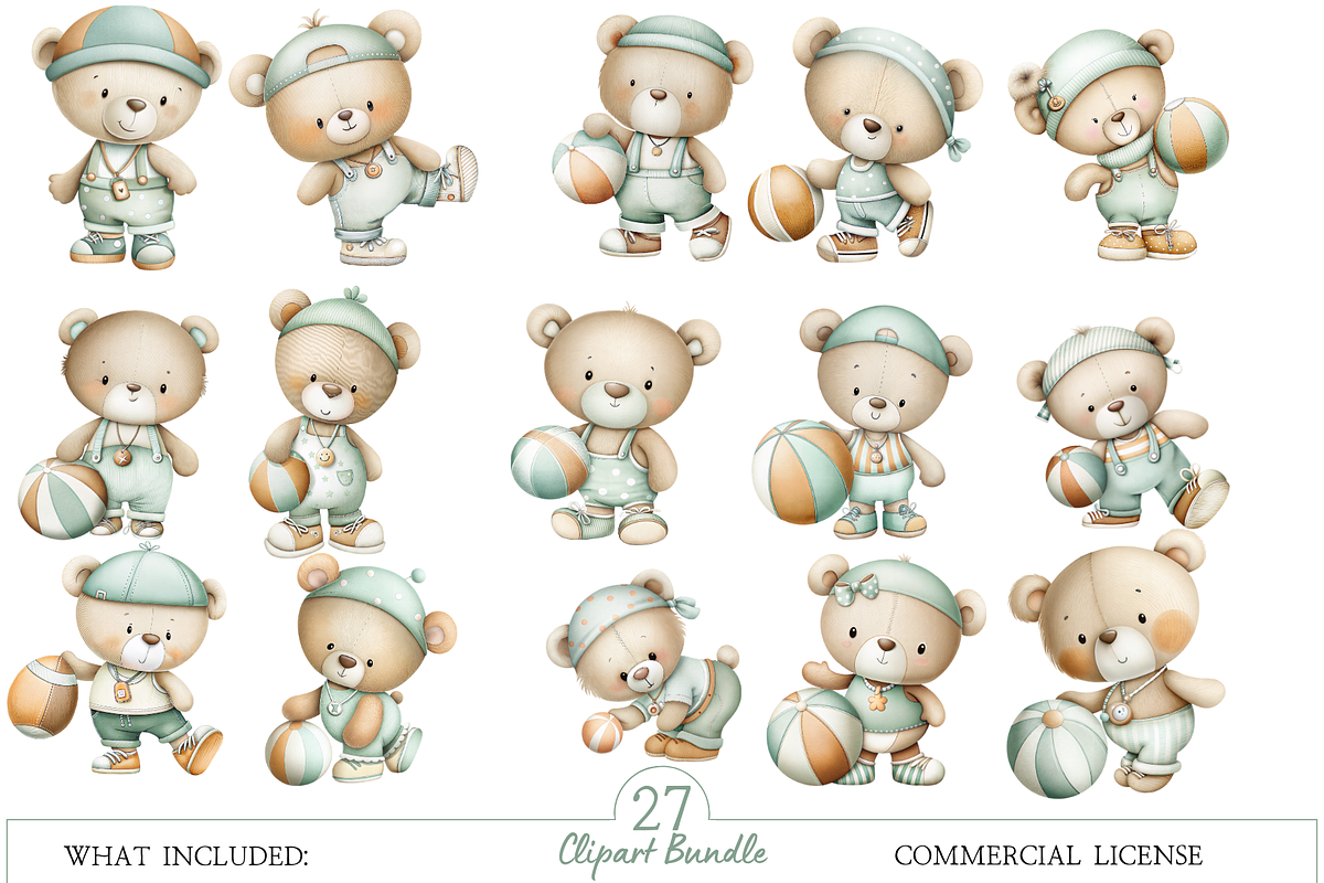 Watercolor Teddy Bear Soccer Clipart, an Illustration by MockupWizard (Photo 2 of 5)