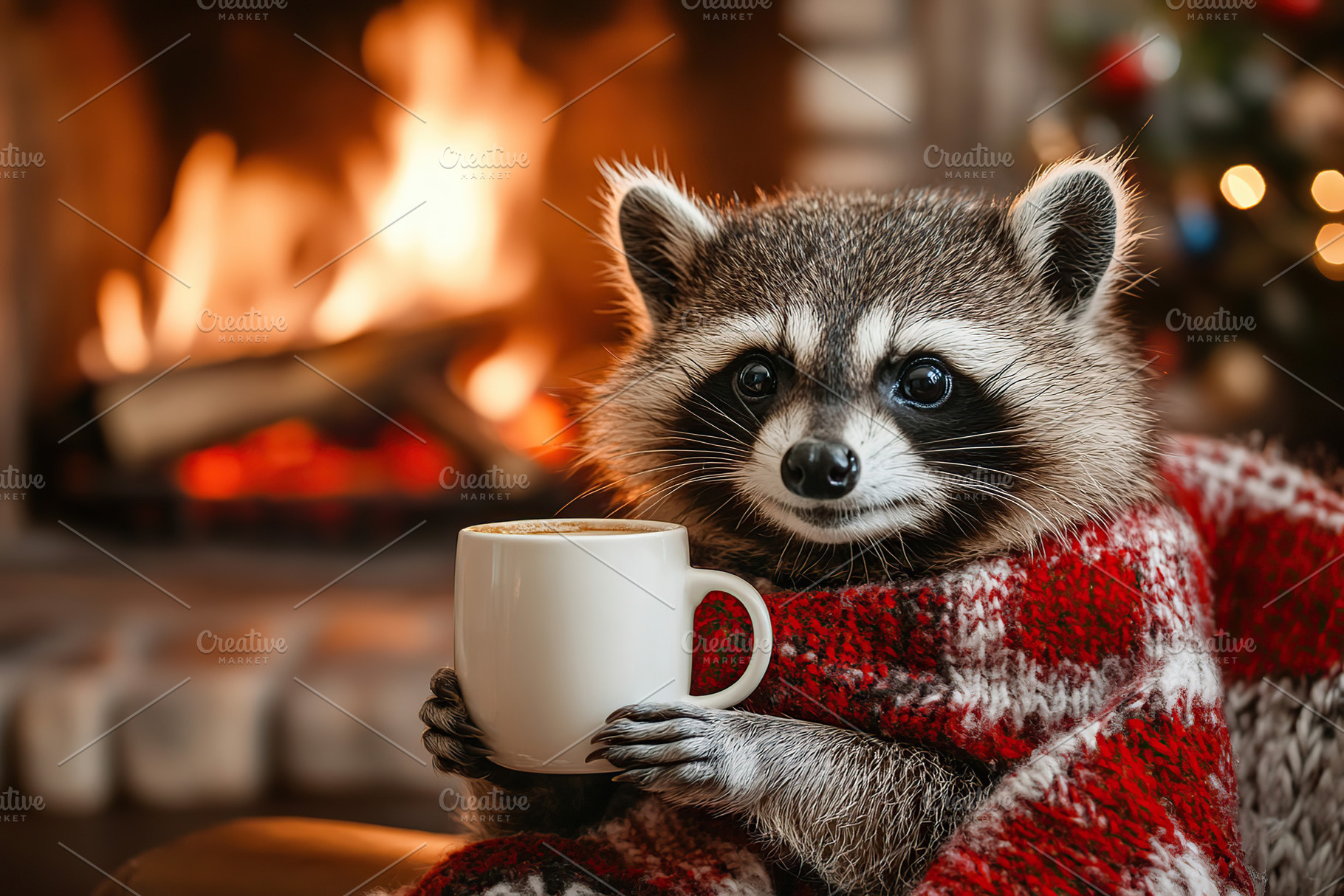 Cute raccoon with cup of tea on blurred fireplace background, a Holiday Photo by AlyaAnd