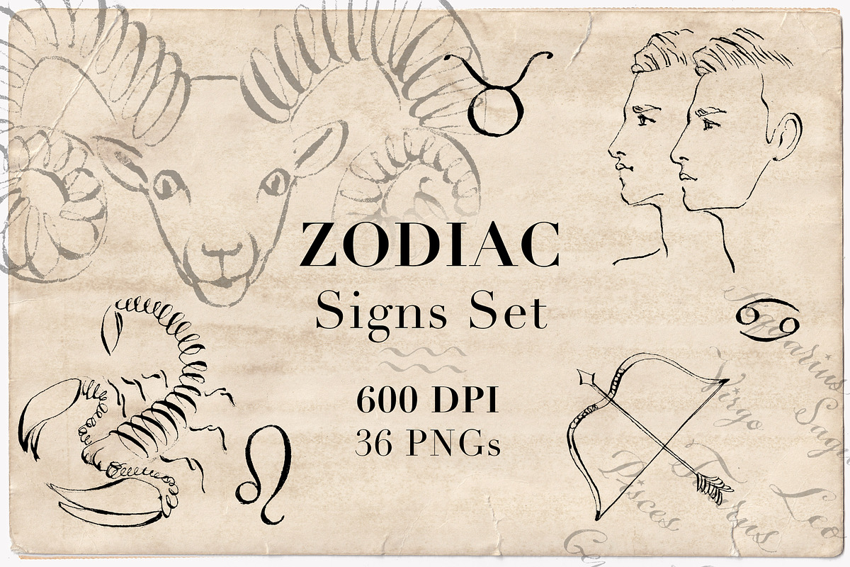 Hand drawn ZODIAC SIGNS Set, a Person Illustration by byJuliaKors (Photo 1 of 3)