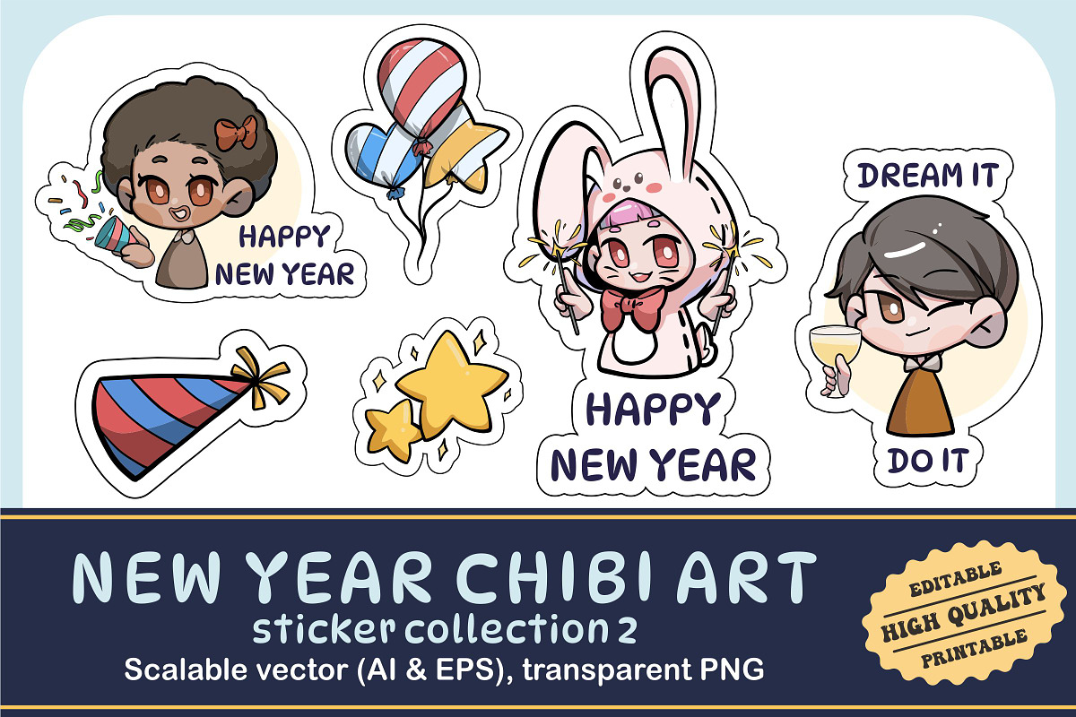 New Year Chibi Art Sticker Set 2, an Illustration by vectstudio (Photo 1 of 3)