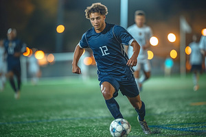 A young male athlete in dark blue soccer gear sprints on the fie, a Sports & Recreation Photo by ImageMir
