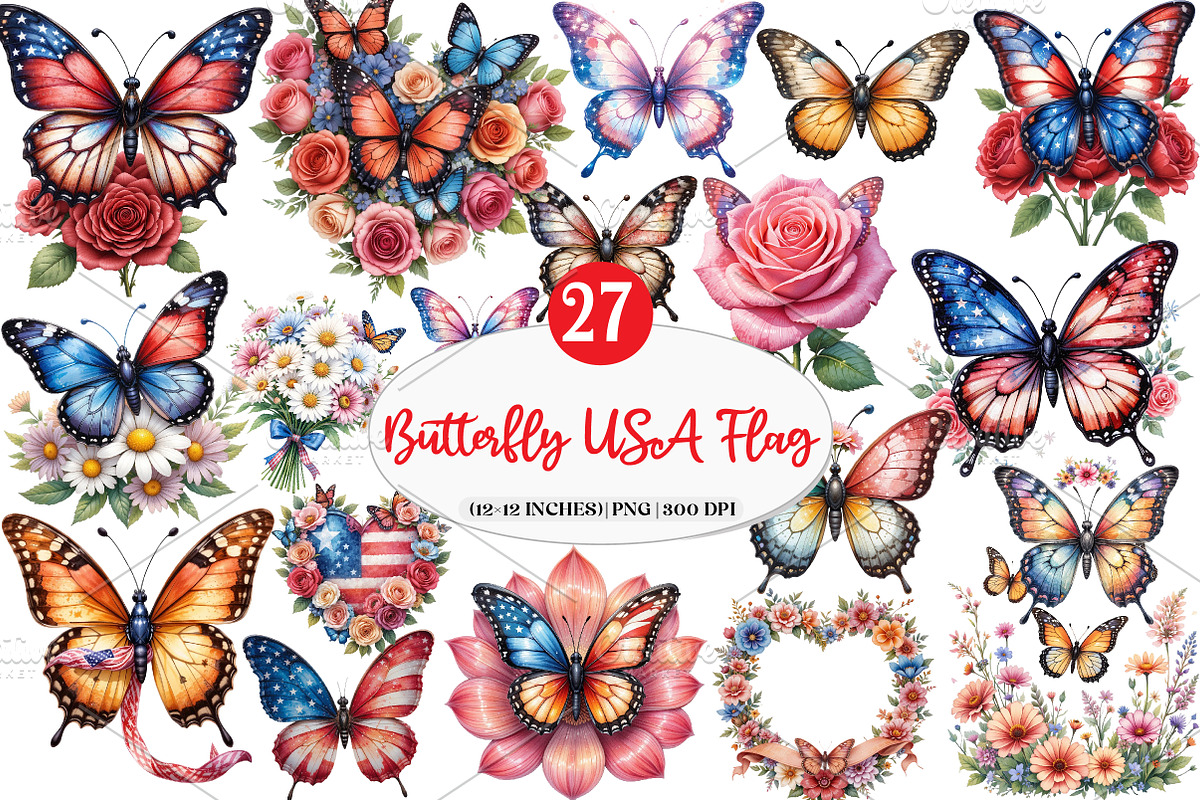 Butterfly Flower USA Flag Graphics, an Illustration by Watercolor design (Photo 1 of 4)