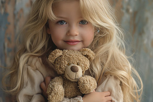 A young Caucasian girl with long blonde hair smiles softly while hugging her te, a Person Photo by ImageMir