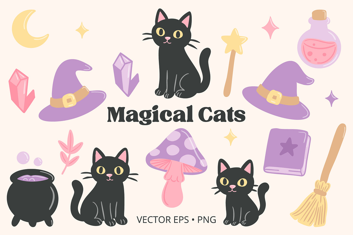 Cute Witchy Cat Clipart & Vector, a Seasonal Illustration by Printable Pretty Studio