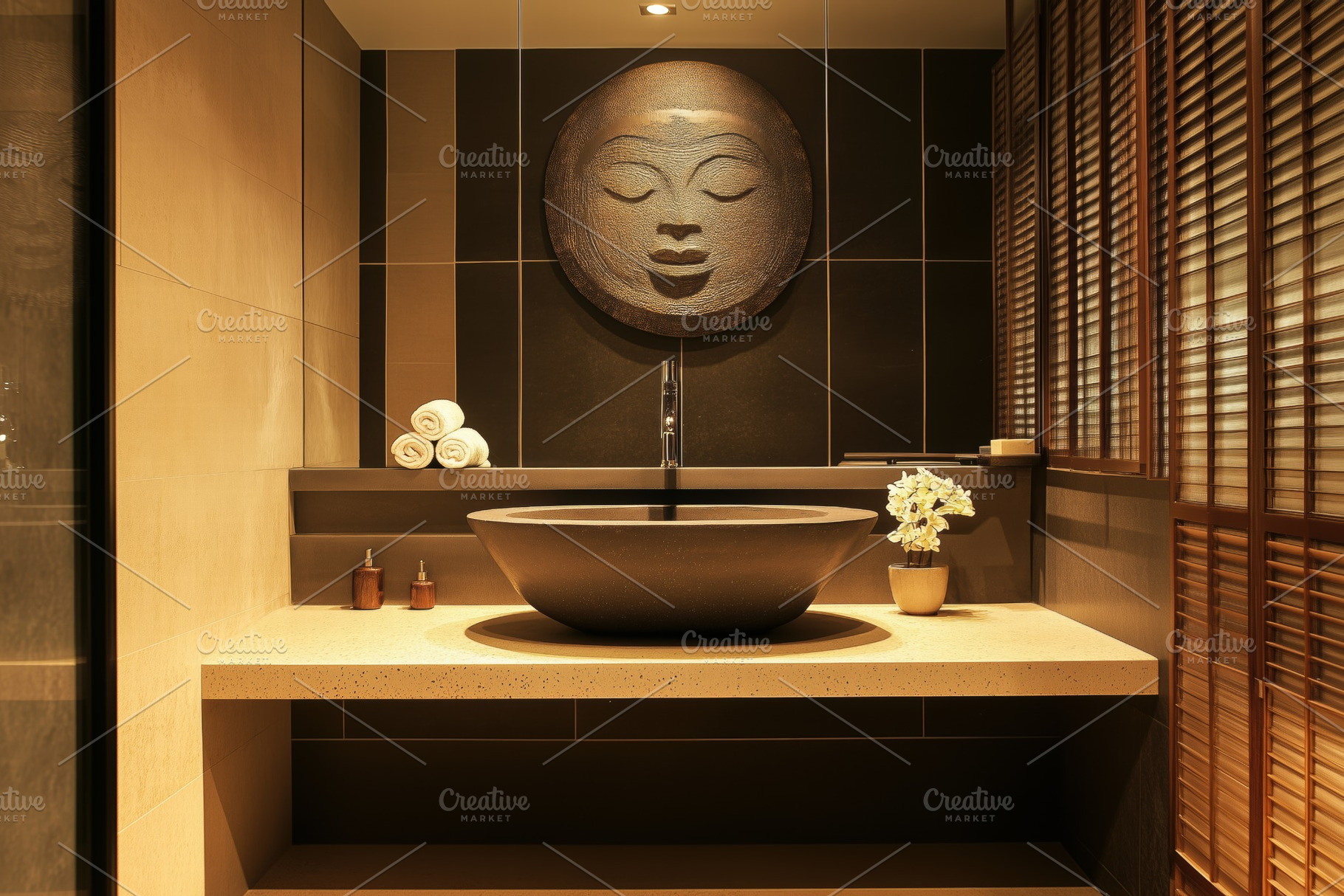 A Asian Zen interior design style modern bathroom featuring a round stone  sink,, an Arts \u0026, image size:1820x1214