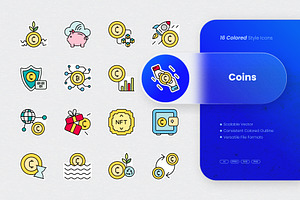 Coins Colored Icons, an Outline Icon by cidcud_graphic