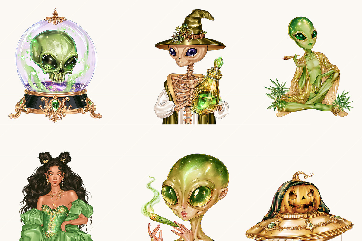 Spooky Alien Halloween Clipart, a Seasonal Illustration by BusyDaydesign (Photo 4 of 9)