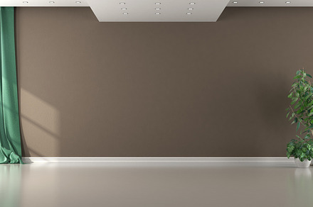 Empty brown room with green curtain and houseplant, an Architecture Photo by Archideaphoto