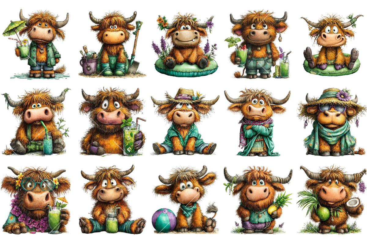 Summer Funny Highland Cow Clipart, an Illustration by OK Design (Photo 3 of 6)