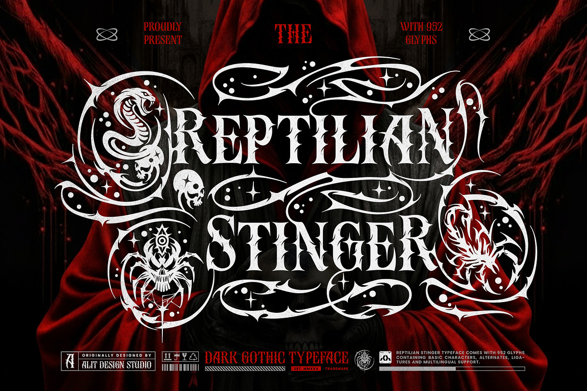 Reptilian Stinger Typeface, a Serif Font by alit design (Photo 1 of 19)
