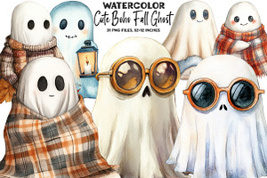 Cute Boho Fall Ghost Watercolor Clip, an Illustration by DreamArtGraphic