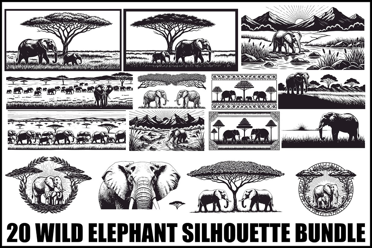 Wild Elephant Silhouette Set, an Illustration by jahid234 (Photo 1 of 21)
