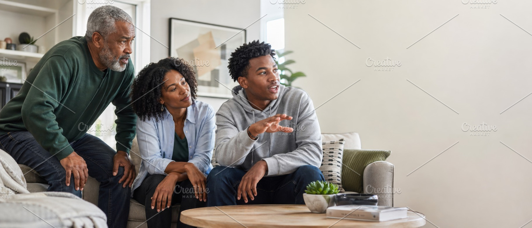 Family gathered in living room enjoy, a Photo by Dvoevnore photos