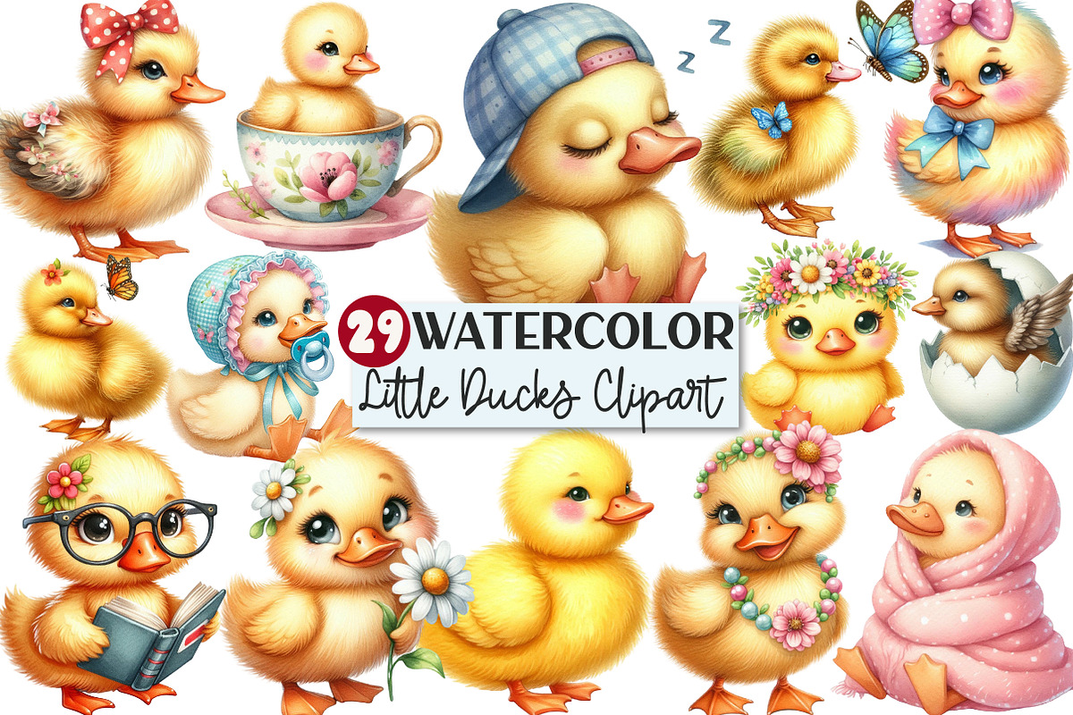 Watercolor Cute Little Ducks Clipart, an Illustration by Rose Art (Photo 1 of 7)