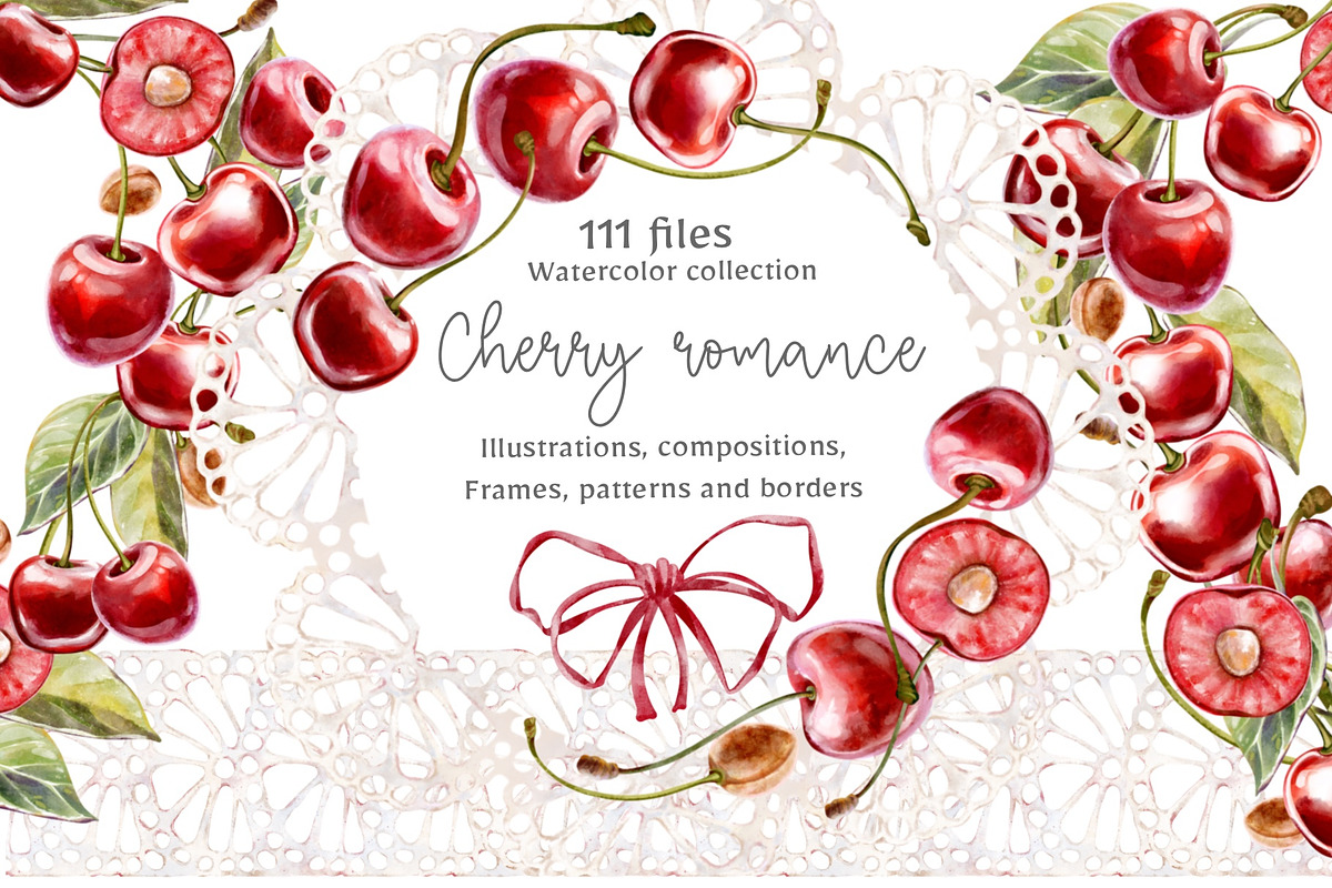Cherry Romance Watercolor Collection, a Decorative Illustration by Shabbypie (Photo 1 of 5)