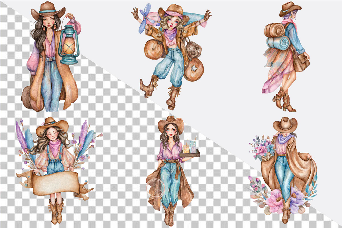 Watercolor Cute Cowgirl Clipart Bund, an Illustration by SVGArt (Photo 4 of 9)