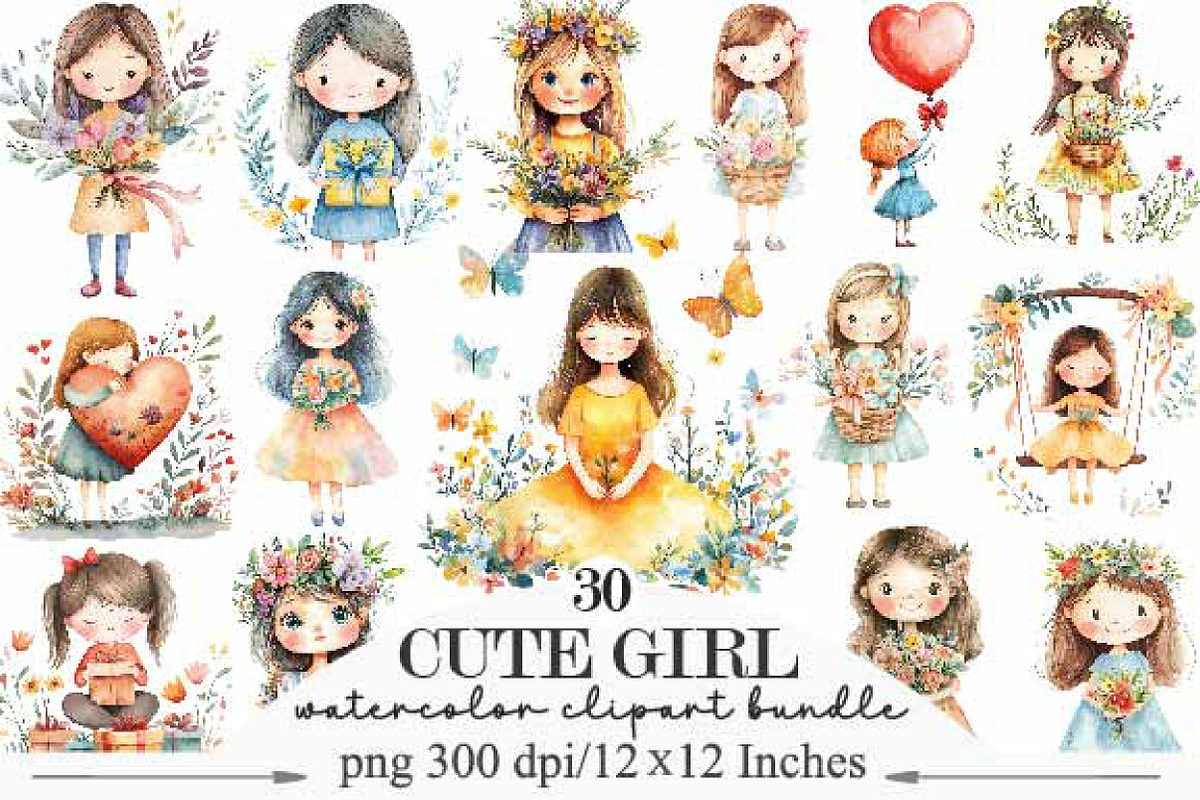 Watercolor Cute Girl Clipart, an Illustration by Designking (Photo 1 of 5)