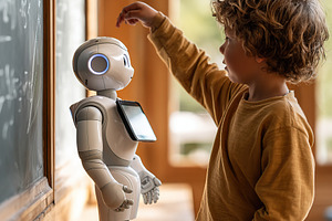 Child interacting with humanoid robot in a classroom setting during the afterno, a Photo by AlyaAnd