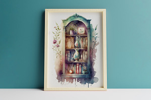 Bookshelf Watercolor Wall Art