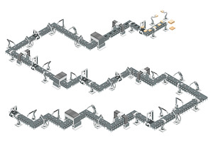 Conveyor belt and robot arms, a Technology Illustration by Yayasya