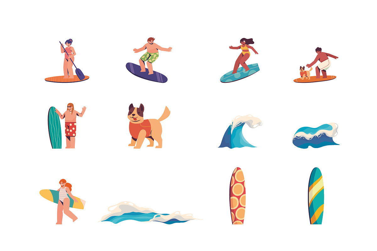 Surfing & Waves Illustration Set