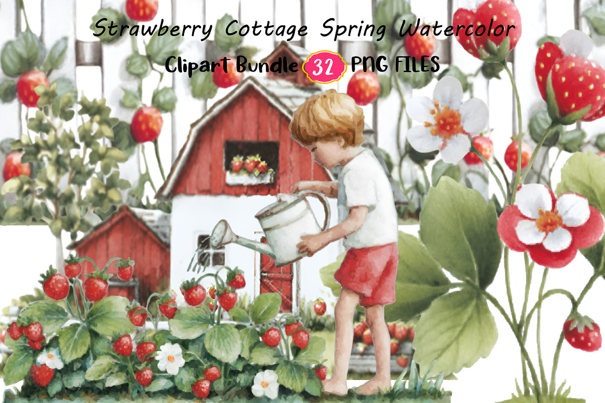 Strawberry Cottage Spring Watercolor, an Illustration by Digital Artistic99 (Photo 1 of 11)
