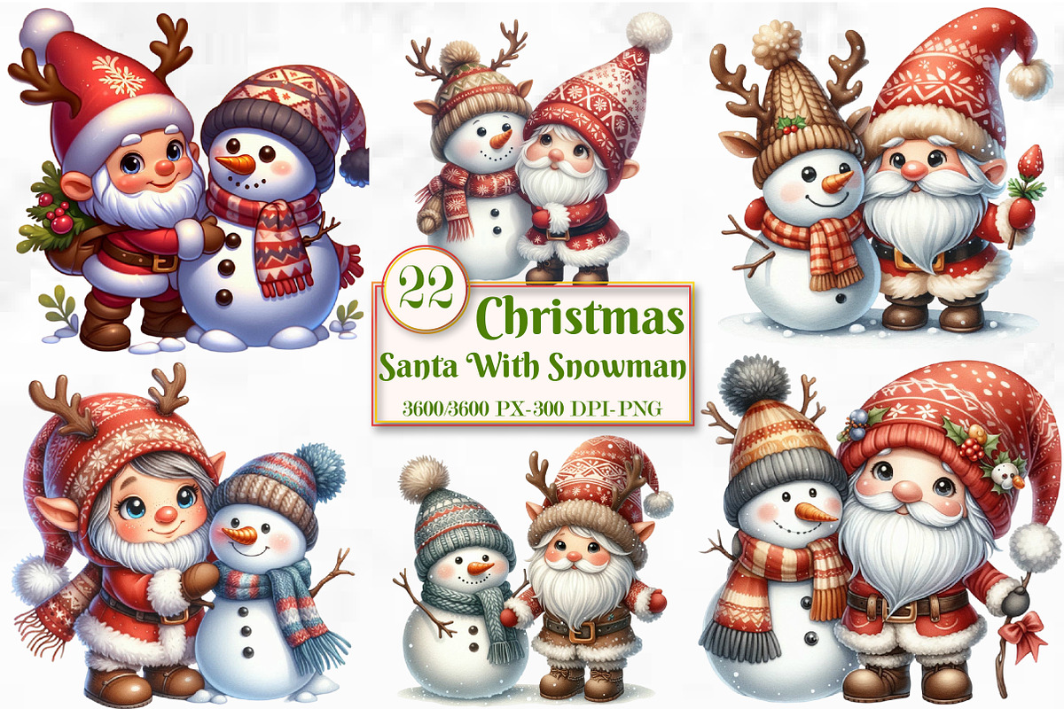 Christmas Santa With Snowman Clipart, a Seasonal Illustration by Craft Nest (Photo 1 of 5)