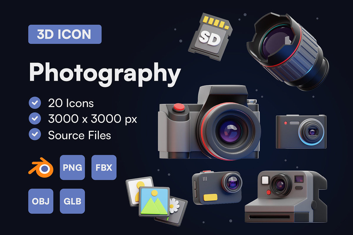 20 Photography 3D Icon Set, an Object 3D Model by Bilicube Studio (Photo 1 of 6)