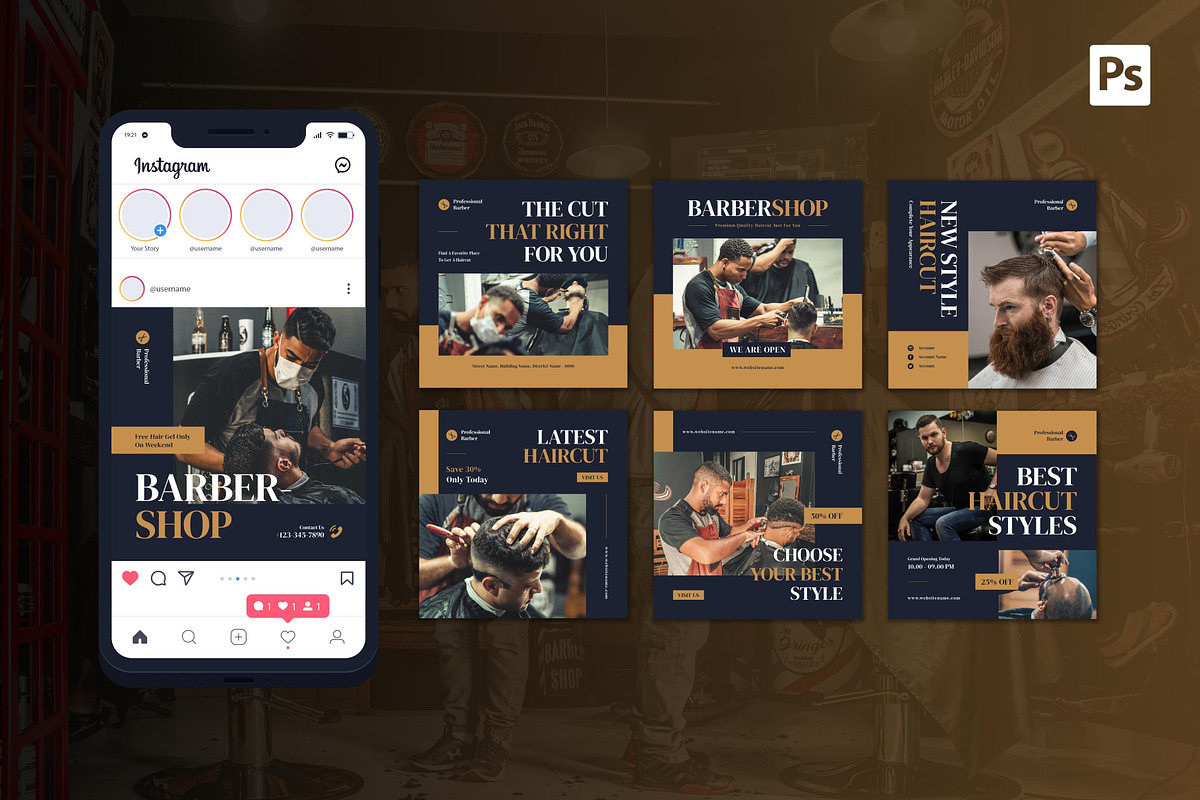 Barbershop Instagram Post, a Social Media Template by CavenArt (Photo 3 of 5)