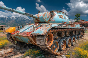 Rusting battle tank abandoned in a field of yellow wildflowers with peeling blu, a Photo by AS photostudio