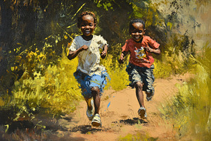 Children joyfully running down a gra, a Photo by Iftikhar Alam