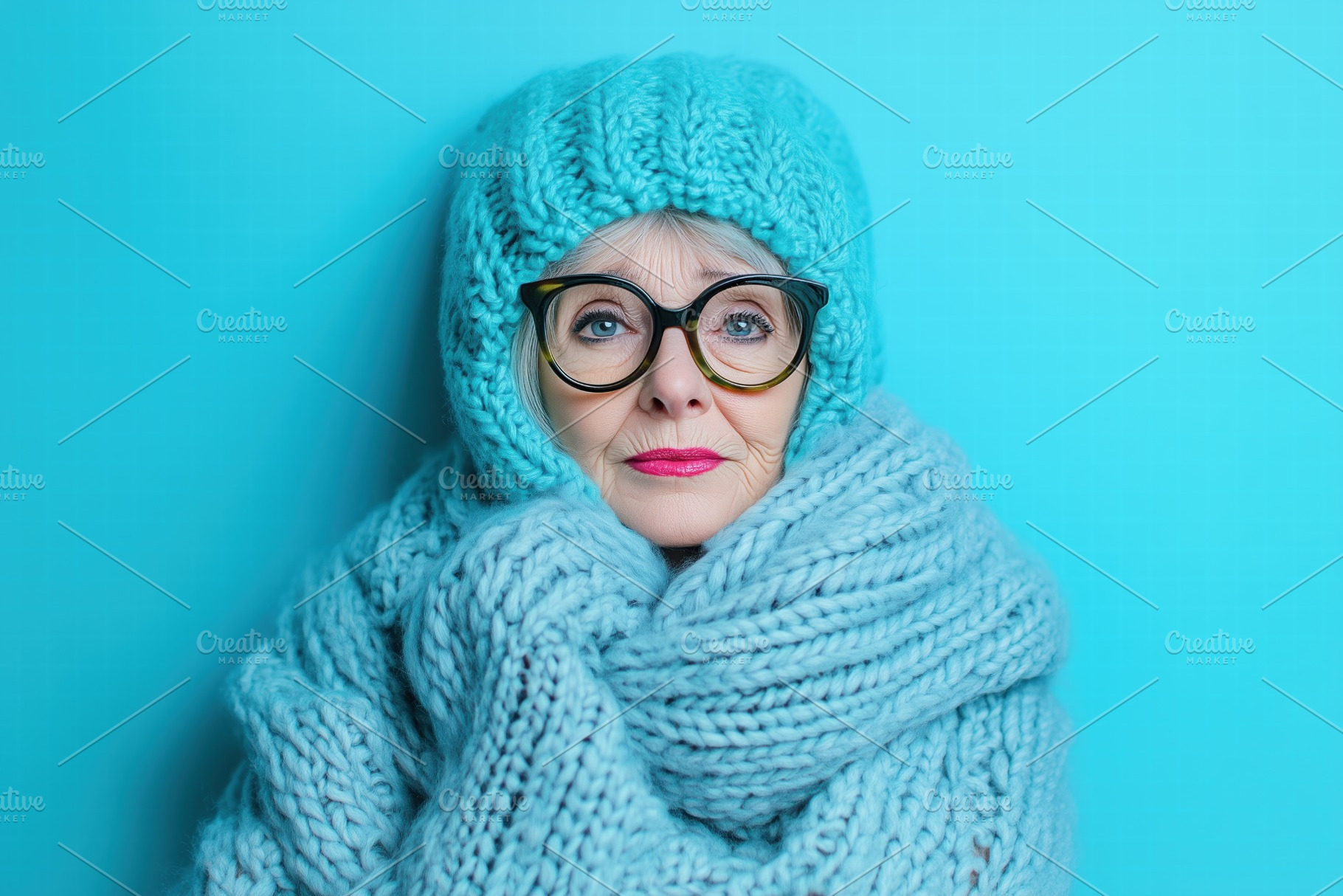 An elderly woman wrapped in a thick, knitted scarf and hat, with glasses, again, a Person Photo by Textures & Backgrounds