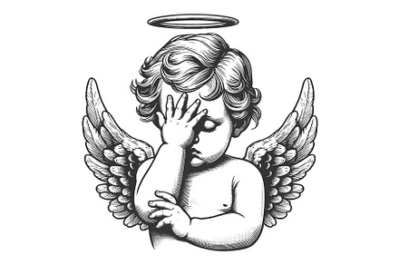 Facepalming Cherub engraving vector, an Illustration by AlexArt