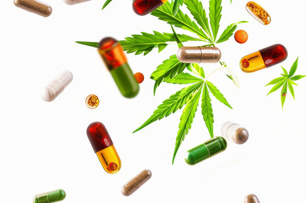 Colorful pills and cannabis leaves scattered on white background, a Photo by Dvoevnore photos