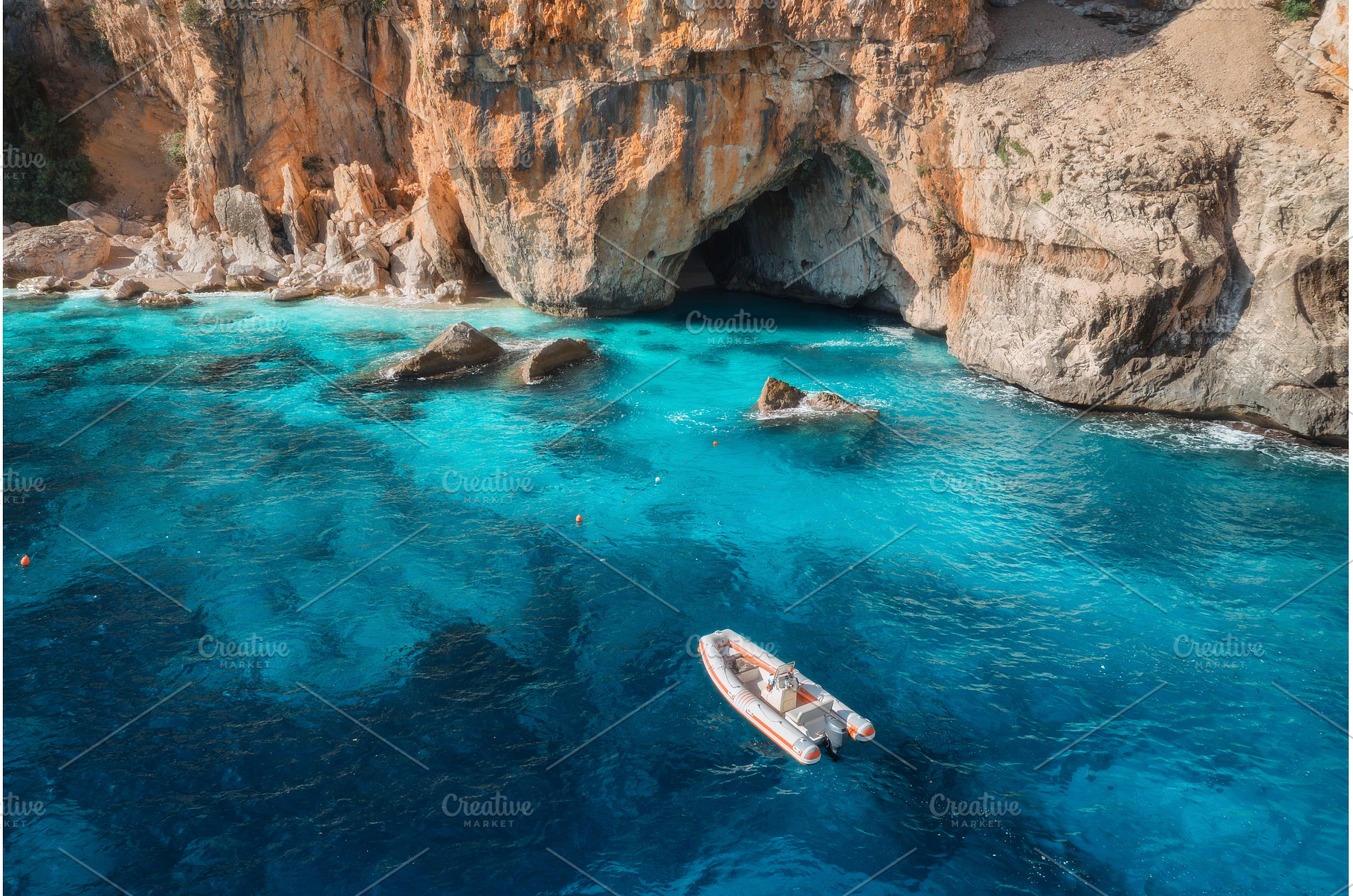 Aerial view of yacht and boats on, a Nature Photo by den-belitsky