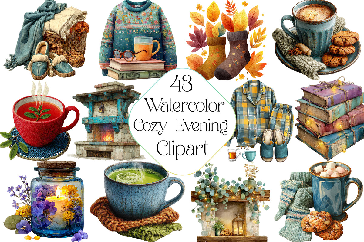 Watercolor Cozy Evening Clipart, an Illustration by DreamPrint404 (Photo 1 of 5)