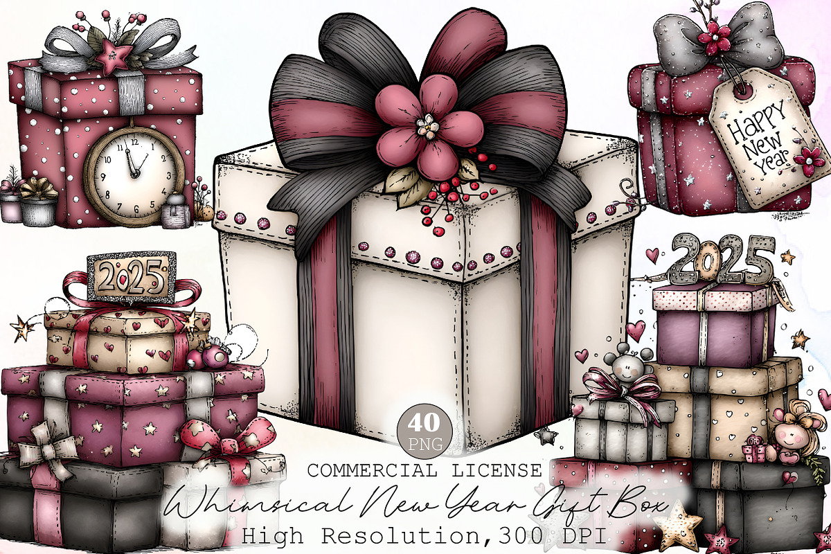 Whimsical New Year Gift Box Clipart, an Illustration by Sublimation Artist (Photo 1 of 6)