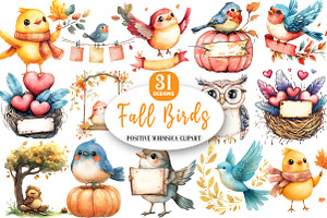 Positive Whimsical Fall Birds Clipar, an Illustration by Watercolor design